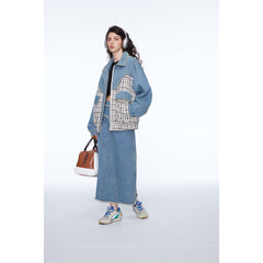 Unisex Jacket Retro Patchwork Plaid Lapel Jacket Baggy Coat