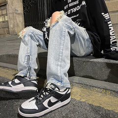 Men Jeans Ripped Jeans Men's Summer Straight Casual Wide-Leg Trousers