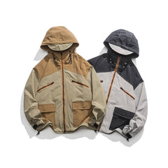 Unisex Jacket Retro Style Colorblock Hood Jacket Coat Loose Shell Jacket