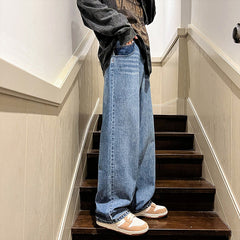 Men Jeans Fall Casual Wide-Leg Trousers Washed-out Vintage Straight-Leg Pants