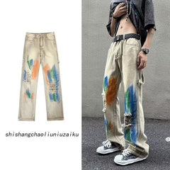 Men Jeans Washed Jeans Ripped Tie-Dye Pants Men Straight-Leg Pants