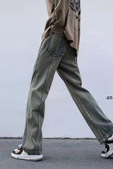 Men Jeans Washed Second-Hand Black Color Stitching Jeans Slim Straight Bootcut Trousers