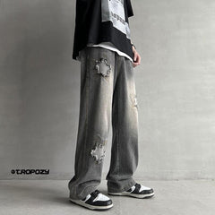 Men Jeans Five-Pointed Star Summer Washed-out Vintage Wide Leg Denim Trousers