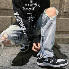 Men Jeans Ripped Jeans Men's Summer Straight Casual Wide-Leg Trousers