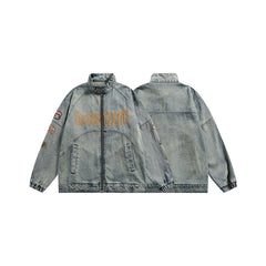 Unisex Jacket Retro Washed Embroidered Denim Coat Men's and Women's Stand Collar Motorcycle Jacket