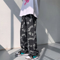 Men Jeans Hiphop Casual Loose Denim Trousers Straight-Leg Pants