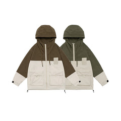 Unisex Jacket Vintage Color Contrast Patchwork Hooded Jacket Shell Jacket Baggy Coat
