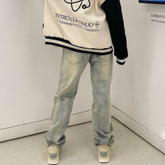 Men Jeans Loose Washed-out Old Straight-Leg Pants