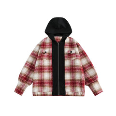 Unisex Jacket Retro Patchwork Plaid Coat for Men and Women Couple Cardigan Hooded Hooded Jacket