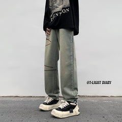 Men Jeans Washed Jeans Men's Winter Retro Straight-Leg Pants