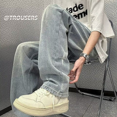 Men Jeans Washed Jeans Men's Summer Loose Retro Hiphop Straight-Leg Pants