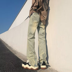 Men Jeans Washed Worn Jeans Men's Straight Loose Flared Pants