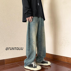 Men Jeans Vintage Jeans Autumn Distressed Washable Pants Loose Straight Wide Leg Pants