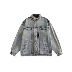 Unisex Jacket Embroidered Vintage Washed Denim Jacket Loose-Fitting Denim Clothes Jacket
