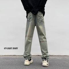 Men Jeans Washed Jeans Men's Winter Retro Straight-Leg Pants