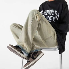 Men Jeans Retro Washed Jeans Men's Loose Straight Bootleg Pants