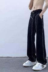 Men Jeans Washed Second-Hand Black Color Stitching Jeans Slim Straight Bootcut Trousers