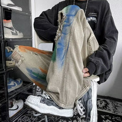 Men Jeans Hiphop Tie-Dyed Ripped Jeans Graffiti Tooling Straight Wide-Leg Pants
