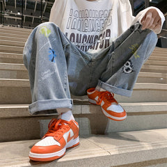 Men Jeans Spring and Autumn Loose-Fitting Wide-Leg Trousers Hip Hop Graffiti Pants
