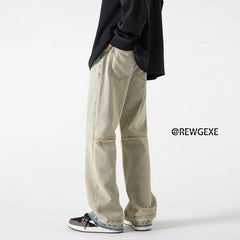 Men Jeans Retro Washed Jeans Men's Loose Straight Bootleg Pants