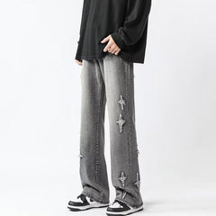 Men Jeans Cross Embroidery Straight-Leg Pants Spring Loose Retro Oversized Casual Trousers