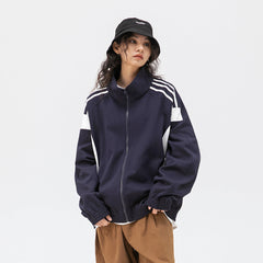 Unisex Jacket Vintage Color Stitching Stand-Collar Sports Jacket for Men and Women Casual Loose Jacket