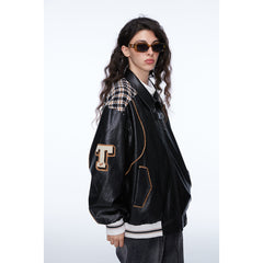 Unisex Jacket Retro Patchwork Plaid Motorcycle Jacket PU Leather Jacket