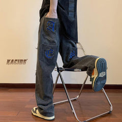 Men Jeans Vintage Embroidered Jeans Men's Autumn Loose Straight Cargo Pants