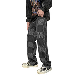 Men Jeans Chessboard Plaid Jeans Autumn Straight Wide-Leg Pants Retro Loose Trousers