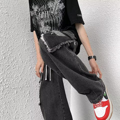 Men Jeans Patch Ripped Jeans Summer Retro Straight Loose Pants