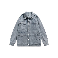 Unisex Jacket Retro Washed Denim Jacket Lapel Loose Pockets Overalls