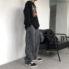 Men Jeans Washed Denim Trousers Elastic Waist Baggy Straight Trousers