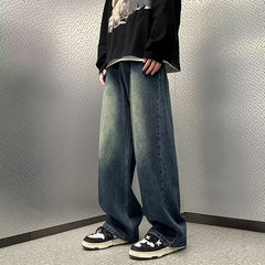 Men Jeans Washed Straight Jeans Spring and Autumn Loose Wide Leg Summer Casual Pants