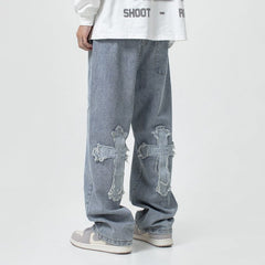 Men Jeans Cross Patchwork Jeans Hip Hop Straight Loose-Fitting Wide-Leg Trousers