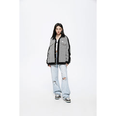 Unisex Jacket Retro Patchwork Polo Collar Jacket Loose Couple Coat