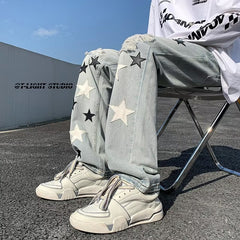 Men Jeans Five-Pointed Star Embroidered Jeans Retro Tattered Jeans Straight-Leg Pants