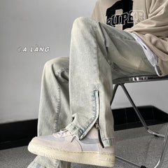 Men Jeans Side Zipper Skinny Jeans Men's Summer Retro Washed Straight-Leg Trousers