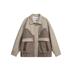 Unisex Jacket Retro Houndstooth Stitching Polo Collar Jacket Baggy Coat