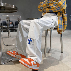 Men Jeans Cross Printed Jeans Men's Loose Straight Wide Leg Pants