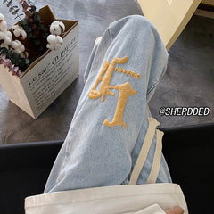 Men Jeans Fall Washable Pants Straight Loose-Fitting Wide-Leg Trousers