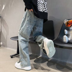 Men Jeans Letter Embroidered Jeans Men's Spring/Summer Hip Hop Straight-Leg Pants