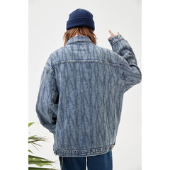 Unisex Jacket Wavy Jacquard Denim Jacket Men's and Women's Turn-down Collar Coat Denim Jacket