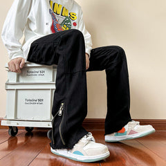 Men Jeans Black Jeans Loose Zip Straight Wide Leg Casual Pants