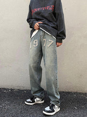 Men Jeans Vintage 1977 Embroidered Jeans Men Slim-Fitting Straight Pants