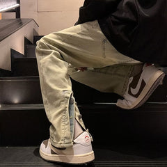 Men Jeans Fork Jeans Men Spring Retro Washed Straight-Leg Pants