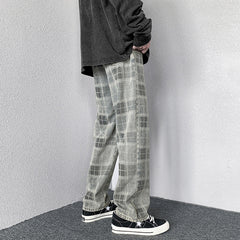 Men Jeans Autumn Plaid Worn Jeans Wide Leg Pants Loose Straight Trousers