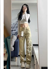 Men Jeans Khaki Splash-Ink Embroidered Jeans Straight-Leg Pants