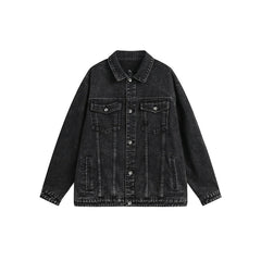 Unisex Jacket Black Denim Jacket Men and Women Lapel Loose Overalls