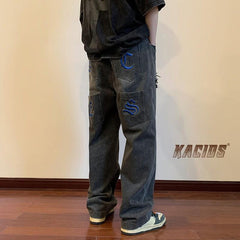 Men Jeans Vintage Embroidered Jeans Men's Autumn Loose Straight Cargo Pants