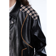 Unisex Jacket Retro Patchwork Plaid Motorcycle Jacket PU Leather Jacket